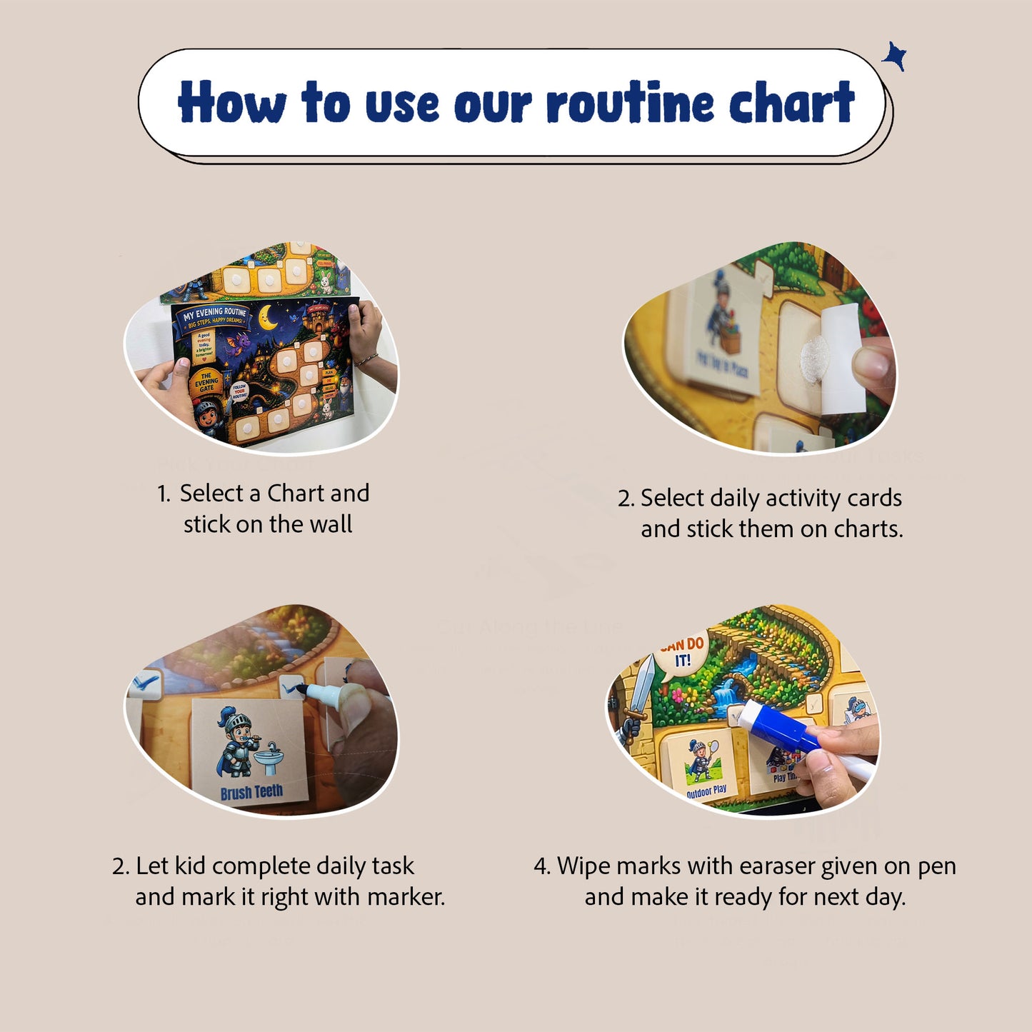 Daily Routine Chart for Kids Set of 4 | Morning, Afternoon & Night Routines and heading chart | 50+ Visual Task Stickers with Velcro | Ages 3-8 | Reusable Done Marking | Daily Responsibility Chart